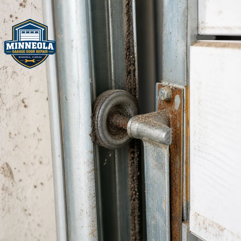 Garage door roller outside its track near the lower bracket