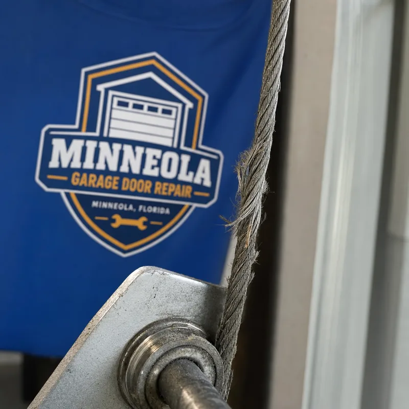 Close-up of a frayed garage door lift cable wrapped around its drum