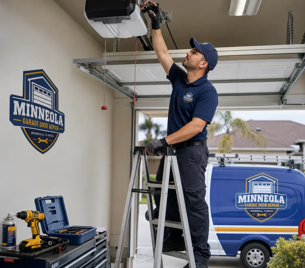 Technician inspecting a partially open residential garage door and its track alignment in Minneola