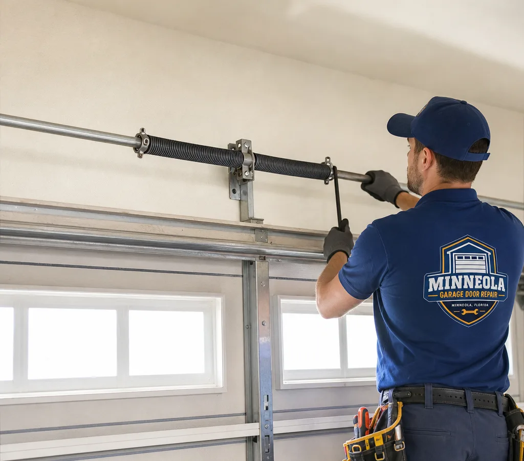 Residential garage door partially open with a torsion spring assembly above the door