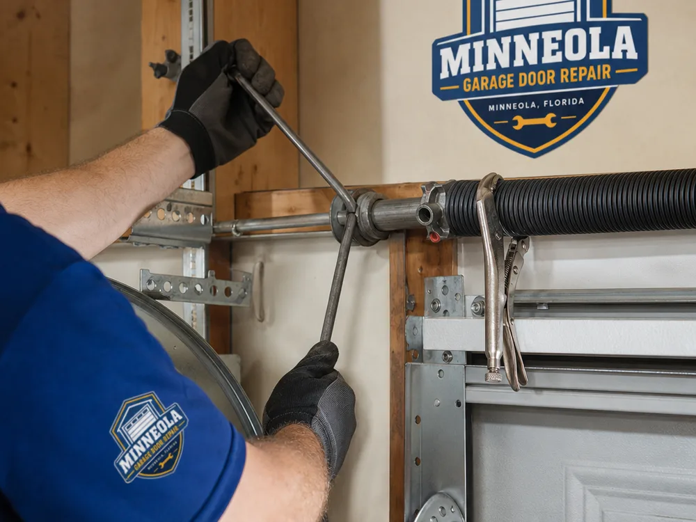 Contractor using winding bars on a garage door torsion spring assembly