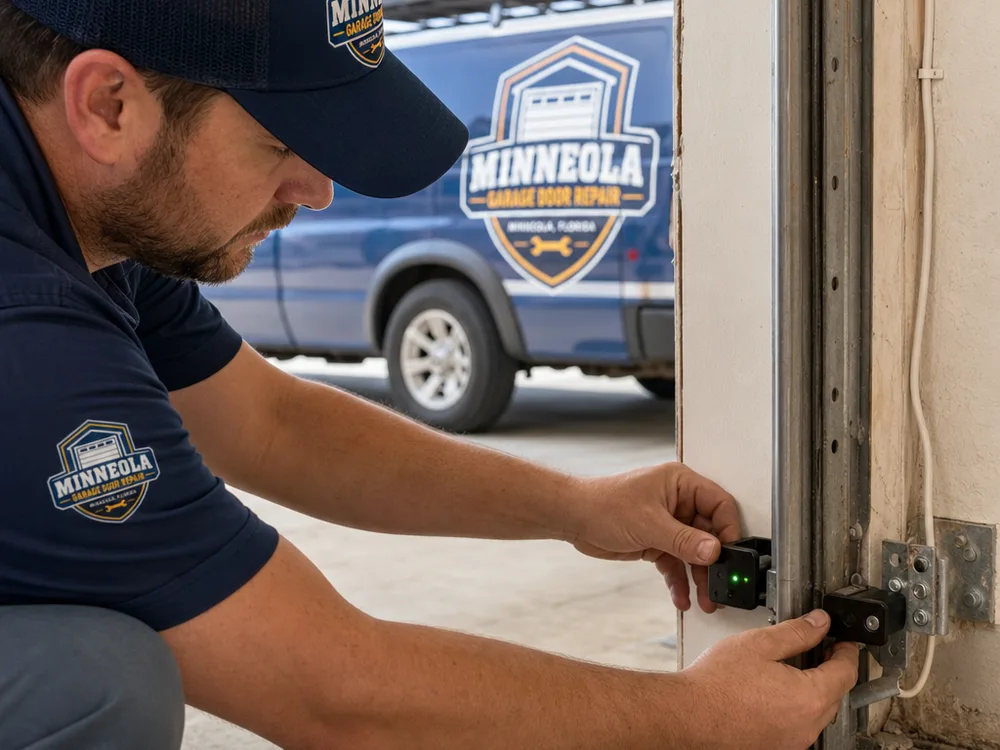 Contractor aligning garage door photo-eye sensors and checking their wiring