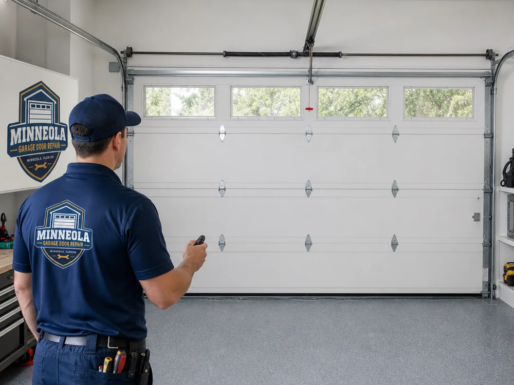 Garage door opening smoothly with the opener light on and the door moving evenly along the tracks