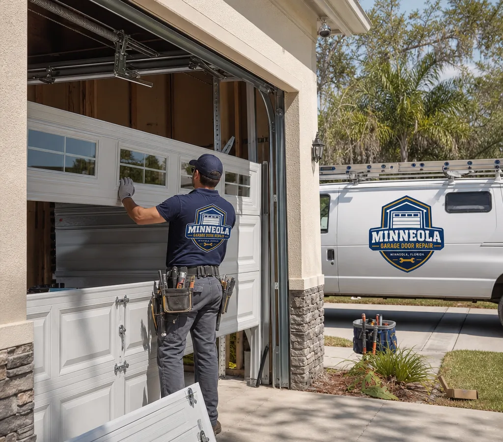 Contractor guiding a new sectional steel garage door into a residential opening