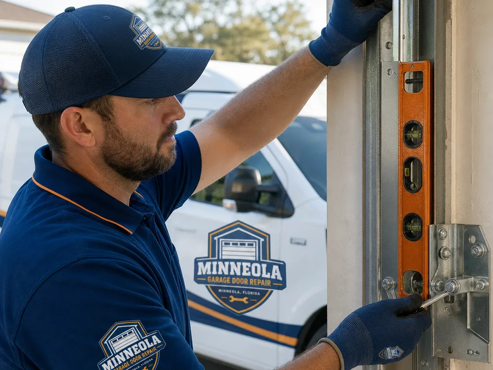 Contractor leveling and fastening vertical garage door tracks to the jamb