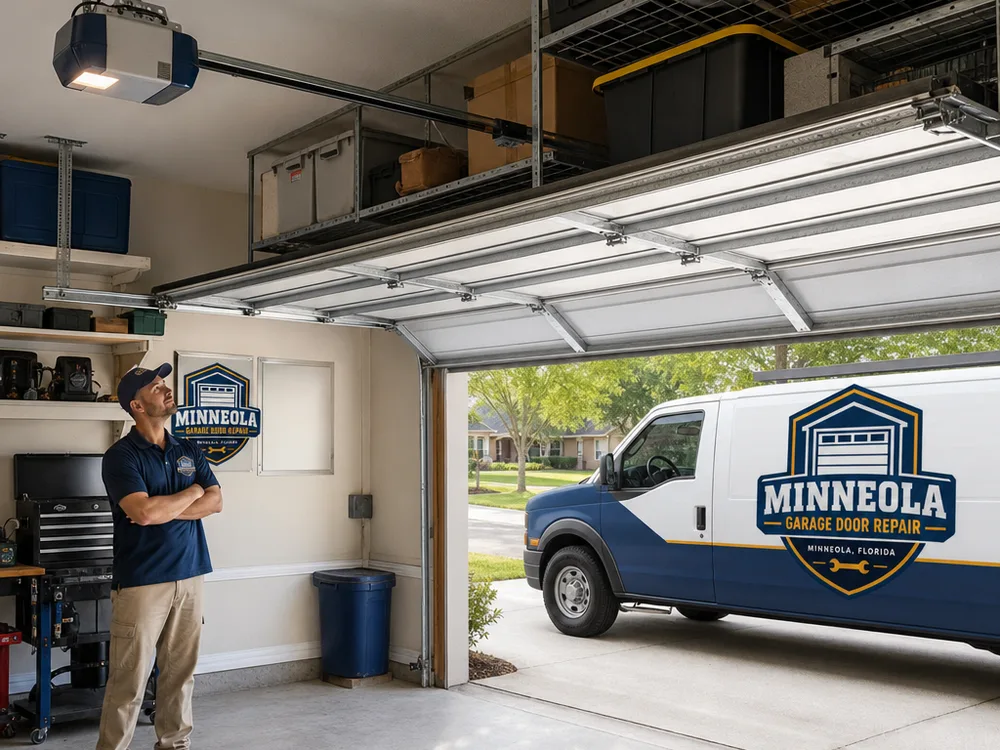 Interior view of a newly installed sectional garage door fully open on level tracks