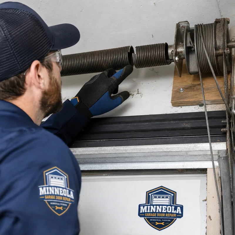 Broken torsion spring with a visible separation in the coil above a garage door