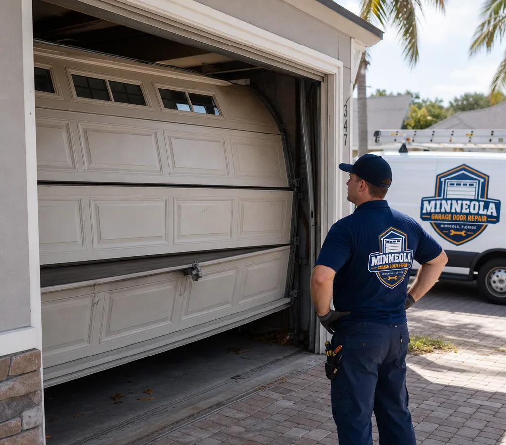 Residential garage door partially open and misaligned at dusk with the opener light on