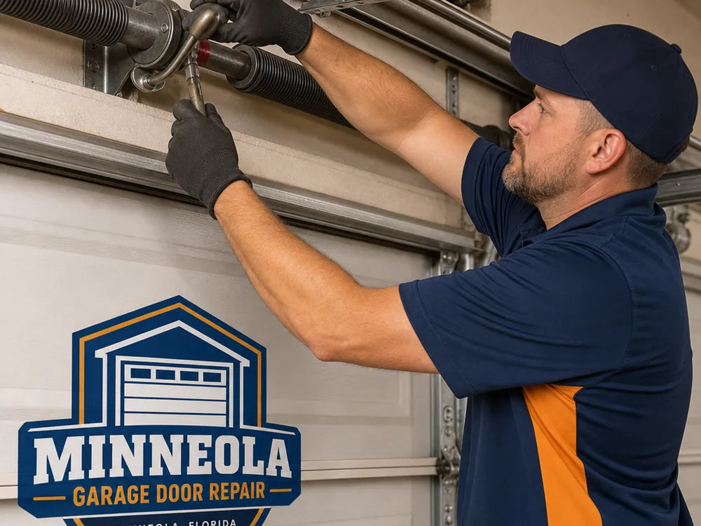 Contractor inspecting a garage door torsion spring and center bearing plate with a flashlight