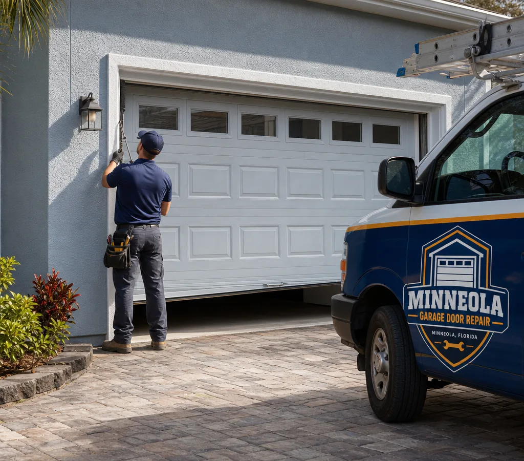 Residential sectional garage door partially open with one side dropped and a slack lifting cable near the vertical track