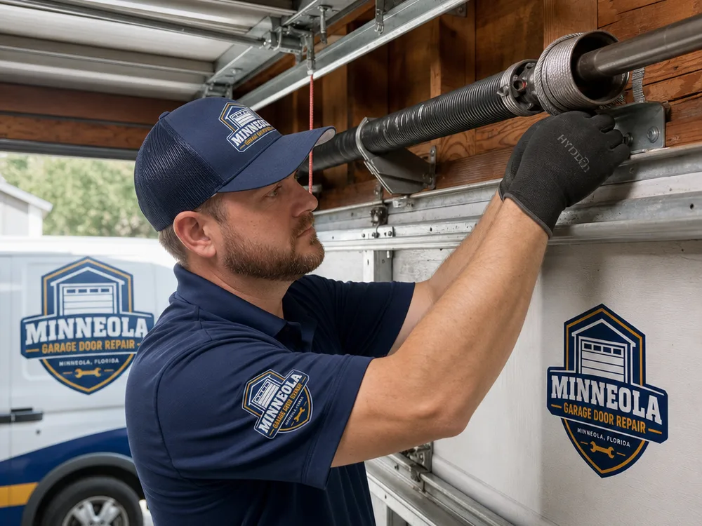 Contractor wearing work gloves inspecting a torsion spring setup and cable drum above a garage door